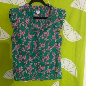 J. Crew Green Blouse with Pink Floral Design